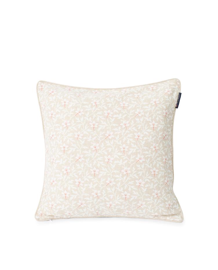Printed Flower Cotton Canvas Pillow Cover, Light Beige/Pink 50x50