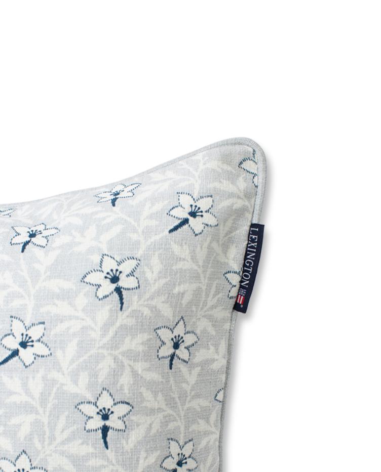 Printed Flower Cotton Canvas Pillow Cover, Light Gray/Blue 50x50 - 0